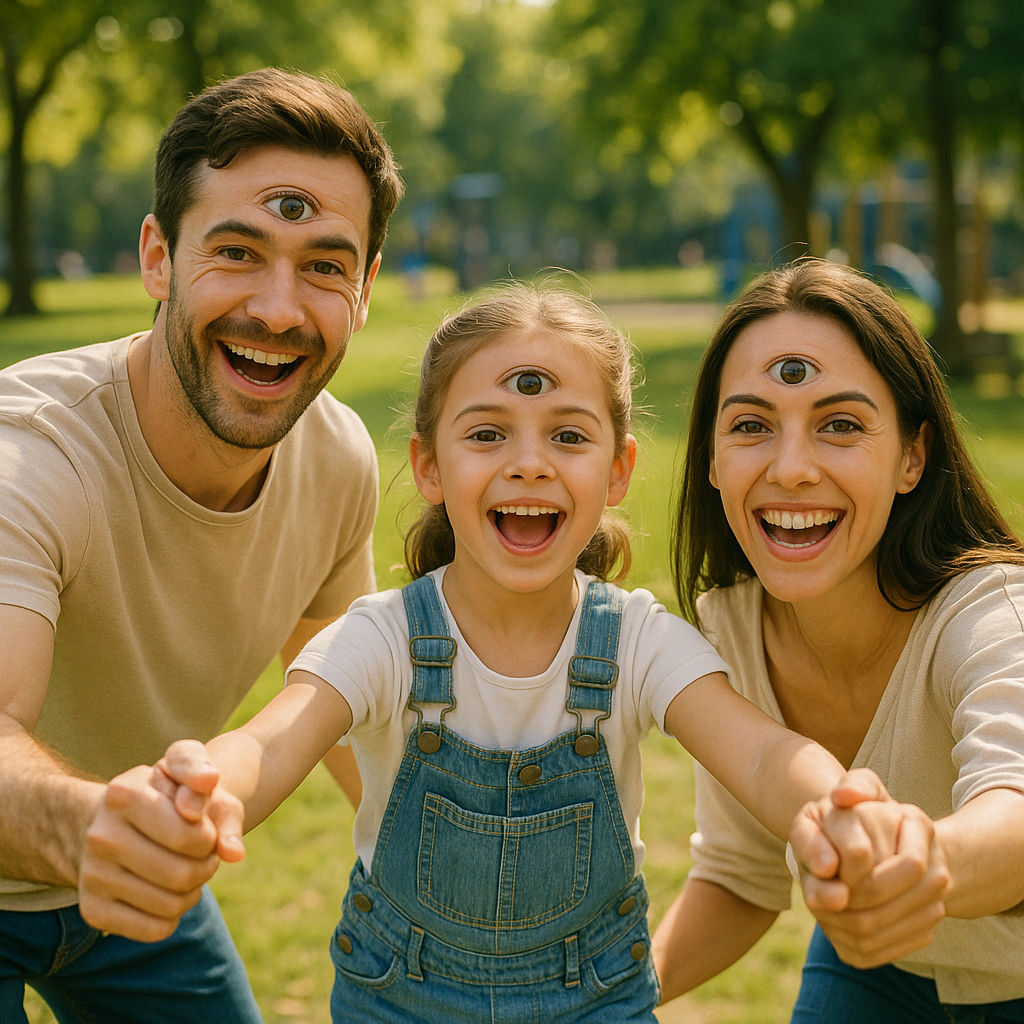 Familia de tres personas con un ojo