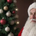 papa noel con un arbol de navidad de fondo