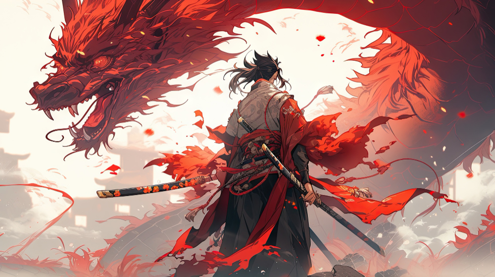 samurai japones con dragon rojo de fondo