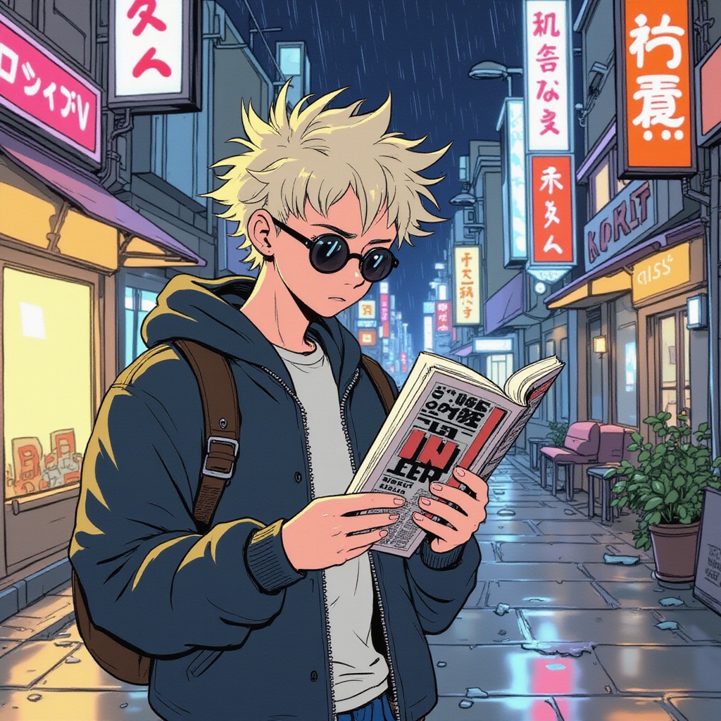 Un chico rubio leyendo en medio del centro de la ciudad