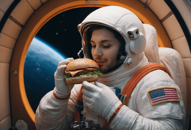 an astronaut eating a hamburger inside the spaceship